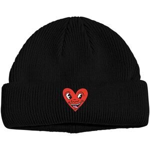 Keith Haring Black Rolled Knit Beanie Hat Embroidered Laughing Heart Unisex